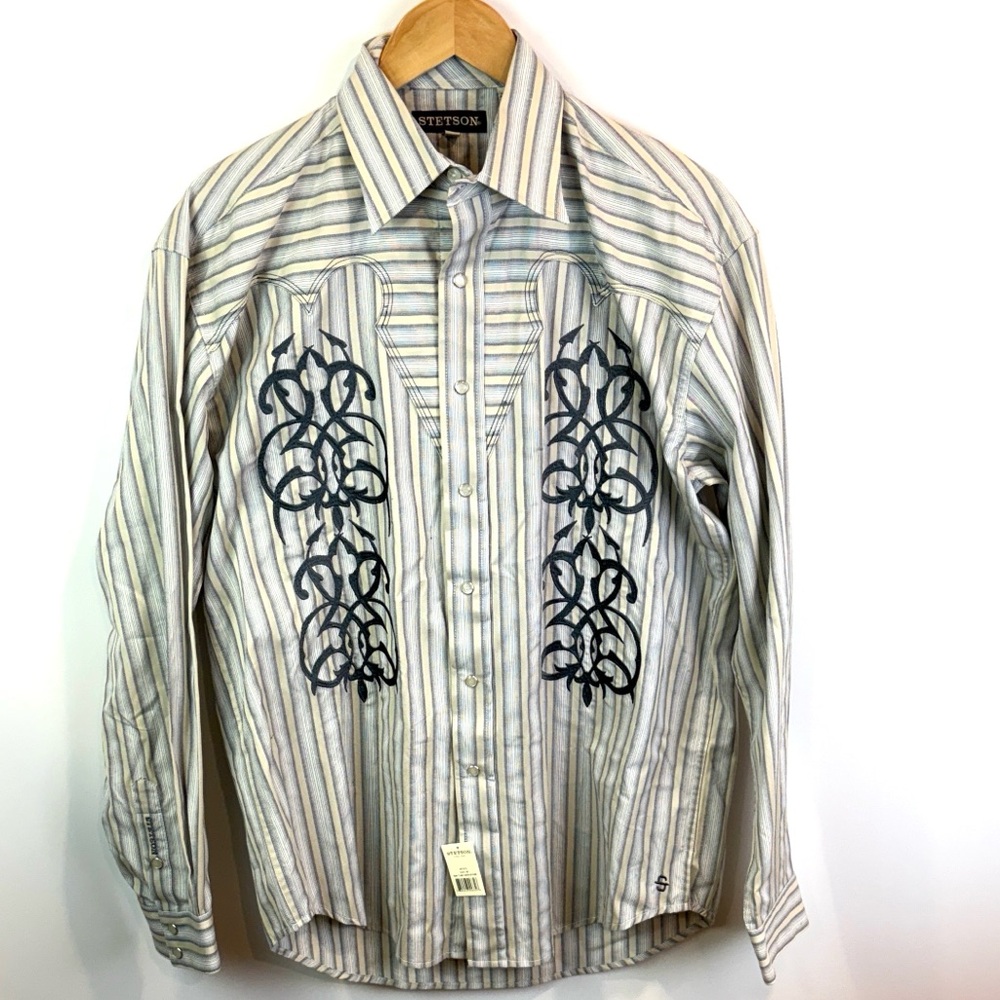 Vintage deadstock Stetson Embroidered Striped Shirt grey/blue and cream size M-